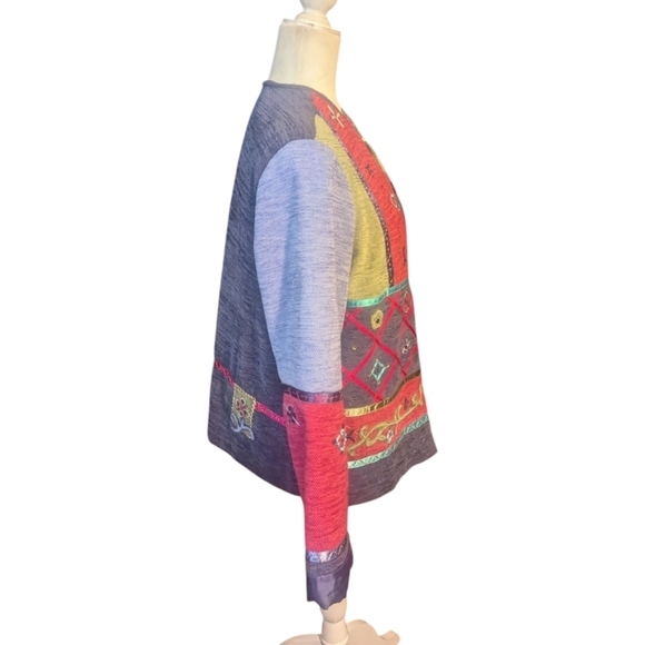 Vtg 90s patchwork Boho embellished Sage/ Fuschia/ button front boxy jacket sz M - Picture 4 of 12